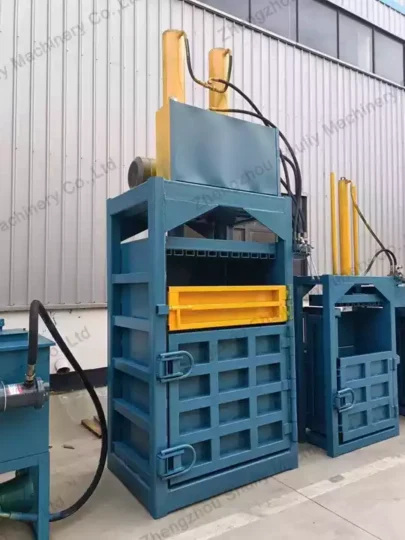 Small vertical waste textile baling press